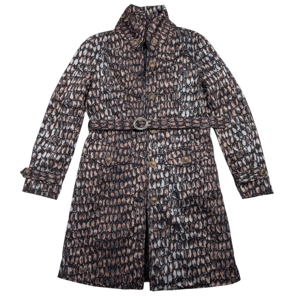 Samuel Dong Women's M Print Belted Trench Coat Brown Gray Button Zip Up Pockets